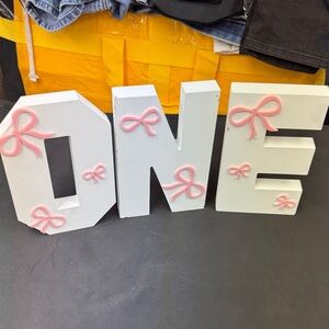 Wooden White 'ONE' Decorative Letters with Pink Bows just as pictured like new